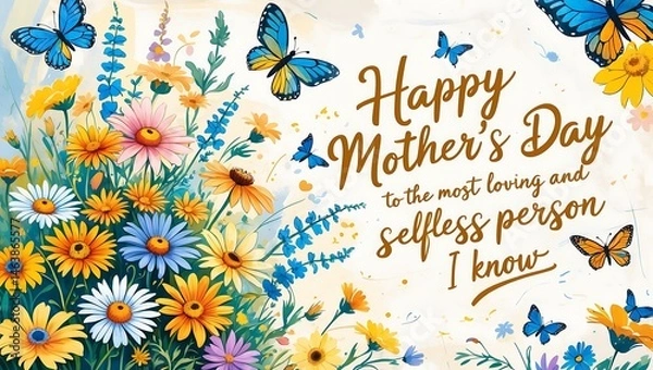 Fototapeta Colorful flower and butterfly Mothers day greeting card with message on it.