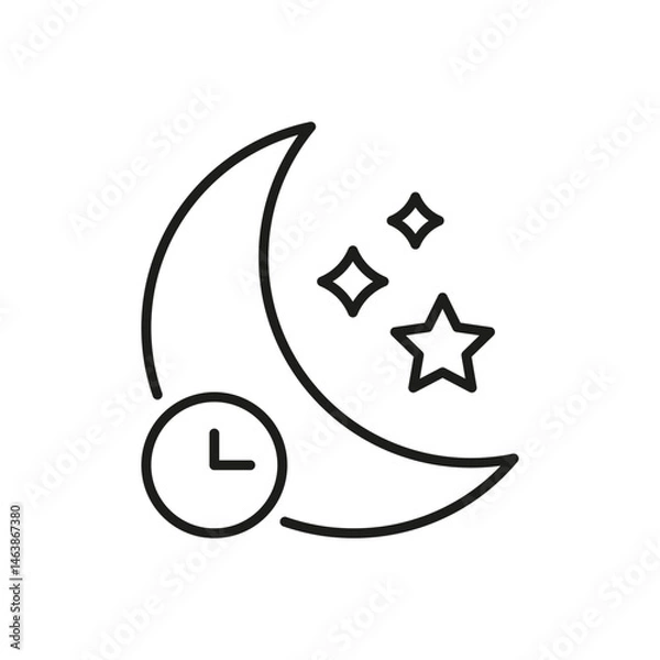 Fototapeta Moon With Clock And Stars Line Icon. Nighttime, Sleep Schedule, And Circadian Rhythm Outline Symbol. Time Management And Rest. Editable Stroke. Isolated Vector Illustration