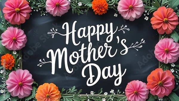 Fototapeta Pink and orange Zinnia flowers in floral frame arrangement with Happy Mother's Day text on chalkboard background. 
