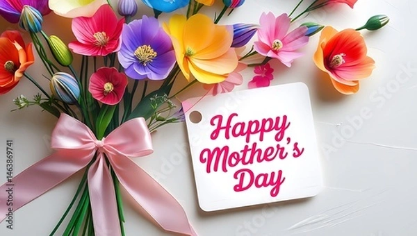 Fototapeta Rainbow Flower Bouquet with Ribbon and Tag Saying ‘Happy Mother’s Day