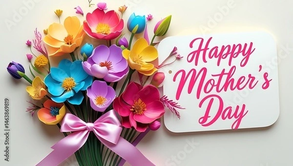 Fototapeta Rainbow Flower Bouquet with Ribbon and Tag Saying ‘Happy Mother’s Day