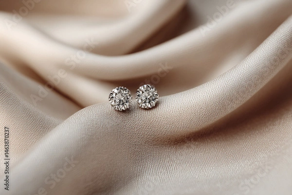 Fototapeta Round diamond stud earrings sparkling atop soft champagne satin.