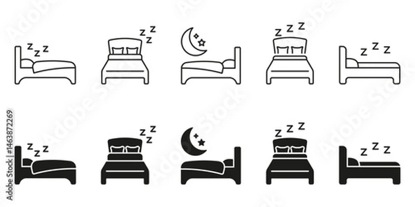 Fototapeta Bed And Sleep Line And Solid Icon Set. Rest, Relaxation, And Nighttime Sleep Symbol Collection. Bedroom Furniture And Sleep Quality Representation. Isolated Vector Illustration