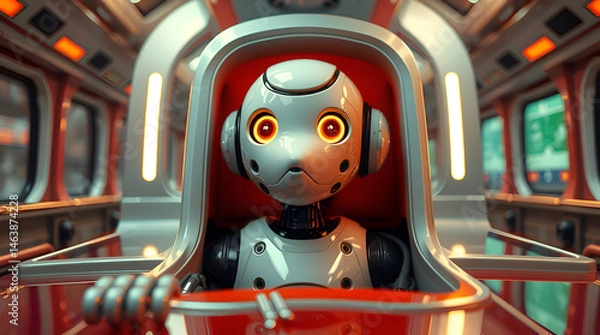 Obraz A white humanoid robot in modern train cockpit, operating controls. Robot has sleek white armor, blue indicator lights, minimalistic face. Cockpit features high-tech panels, screen, Generative Ai
