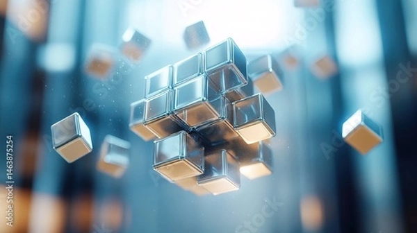 Fototapeta A levitating puzzle cube with pieces rearranging in mid-air, futuristic design 