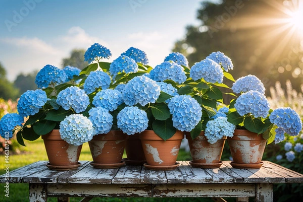 Obraz Blue hydrangeas in terracotta pots bloom gracefully on wooden garden table during sunny spring afternoon