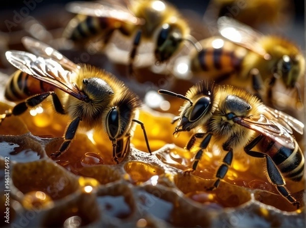 Fototapeta Close up view of the working bees on honey cells