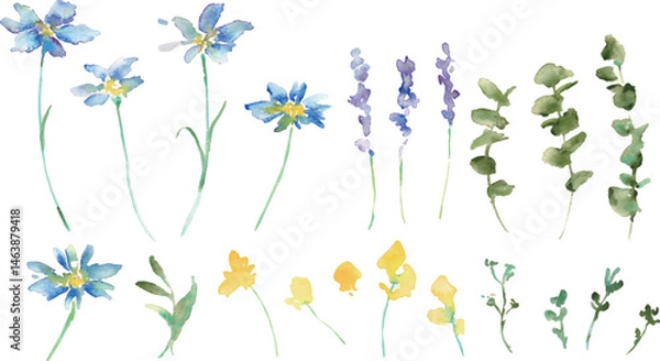 Obraz 水彩画。水彩タッチの草木と花のナチュラルフレーム。草木のベクターイラスト。Watercolor painting. Natural frame of plants, trees and flowers with watercolor touch. Vector illustration of plants and trees.