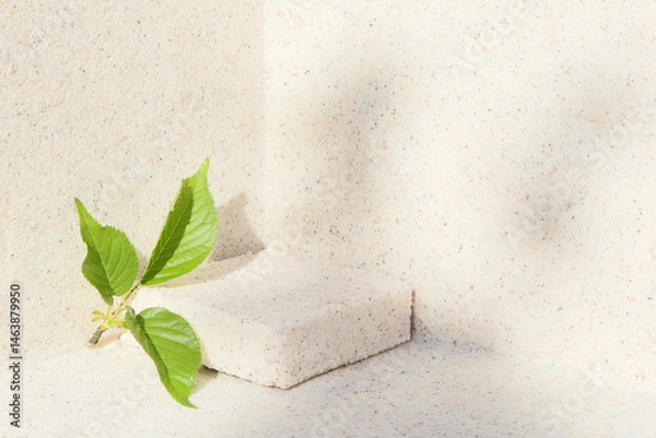Fototapeta Rectangular stone podium against the background of a light stone wall and green sakura leaves. Cosmetic product display backdrop for luxury beauty. Minimalism style.