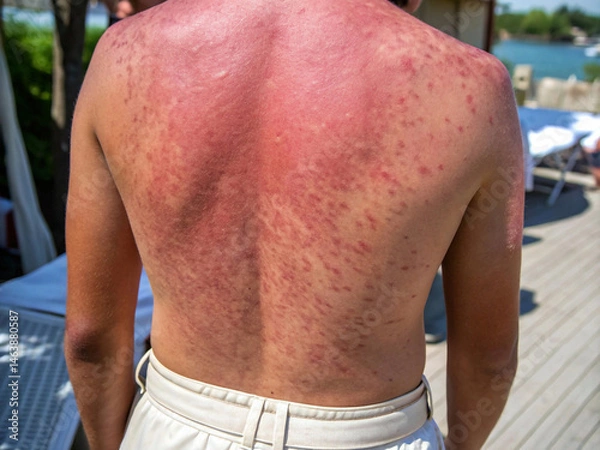 Fototapeta A severe skin reaction is evident on a person's torso and arms, characterized by a widespread red and bumpy rash with irregular, blotchy distribution, photographed outdoors