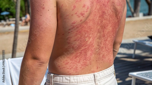 Fototapeta Outdoors, a person's torso and arms display a widespread red and bumpy skin rash with blotchy patterns, indicating a possible skin condition or severe reaction