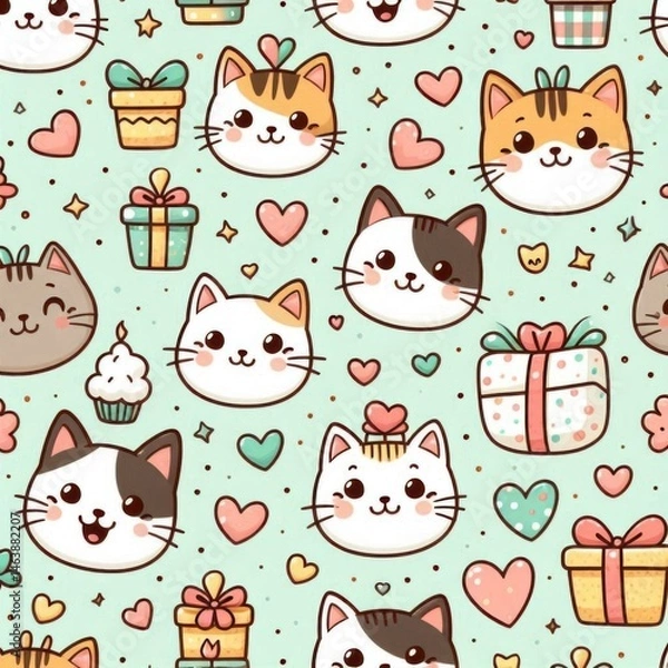 Fototapeta Cute cat faces pattern fun graphic design whimsical style playful background vibrant colors adorable artwork