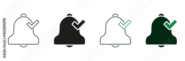 Fototapeta Notification Bell With Checkmark Line And Solid Icon Set. Alert Confirmation And Task Completion Symbol Collection. Reminder And Notification Management. Isolated Vector Illustration