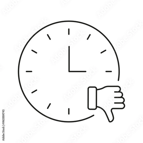 Fototapeta Clock With Thumbs Down Line Icon. Time Management Disapproval And Negative Feedback Outline Symbol. Scheduling Issues And Unfavorable Timing. Editable Stroke. Isolated Vector Illustration