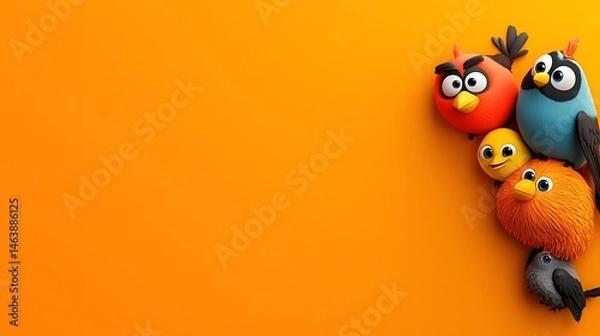 Obraz Whimsical doodle characters peek out from a vibrant orange backdrop
