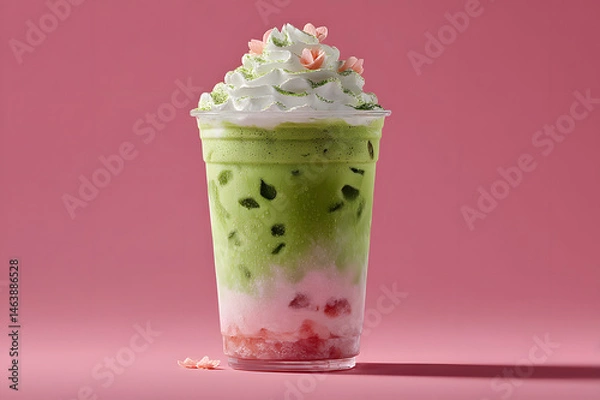 Fototapeta iced matcha strawberry latte in takeaway cup. pink-green milk layer drink. topped with whipped cream. romantic valentine lover drink
