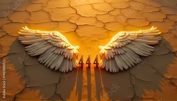 Fototapeta エンジェルナンバー444｜乾いた大地に広がる天使の翼と夕日