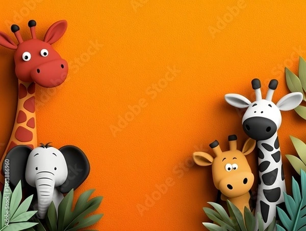Obraz Whimsical doodle inspired animal figures on a bold orange background