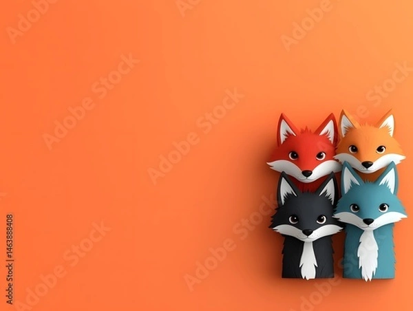 Obraz Whimsical doodle style forest creatures peeking from an orange backdrop