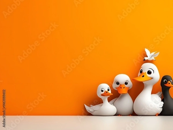 Obraz Whimsical doodle style waterfowl creatures peeking from an orange backdrop
