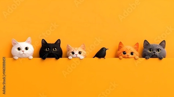 Obraz Whimsical doodle style cat characters peeking out against a vibrant orange backdrop