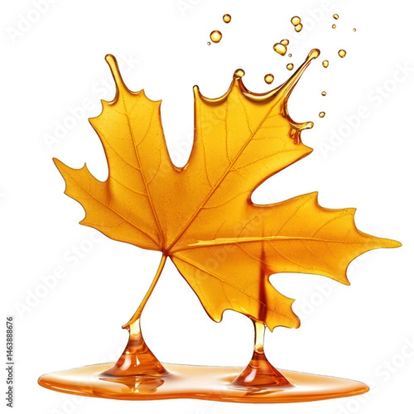 Fototapeta Autumn maple leaf dripping honey, black background, fall season, food label