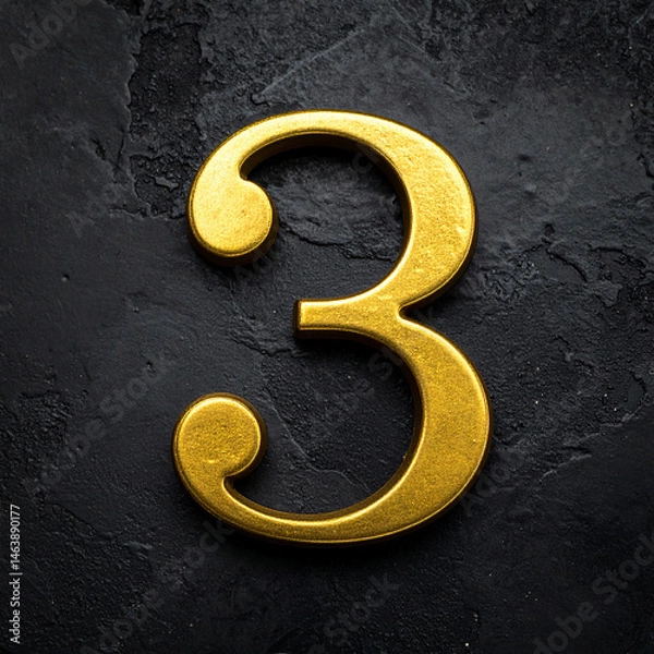 Fototapeta Golden number 3 three on dark textured surface. Abstract design.