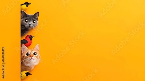 Obraz Whimsical pets peeking from vibrant orange backdrop