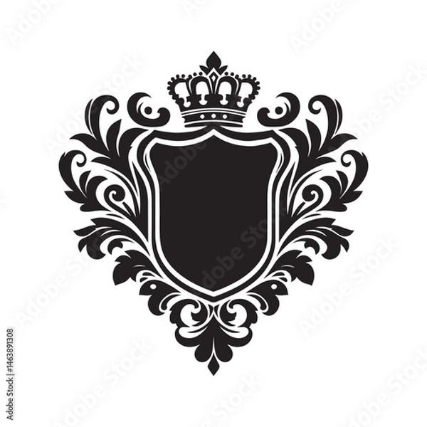 Fototapeta Black and white silhouette of a decorative ornamental emblem, royal vintage crest shield, crown heraldry victorian elegant luxury frame vector illustration isolated on a white background