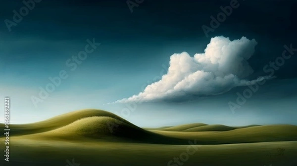 Obraz A serene tranquil landscape with rolling meadows and wispy clouds  long title A peaceful pastoral