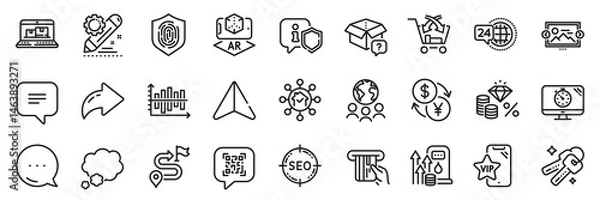 Fototapeta Web inventory, Currency exchange and Text message line icons pack. Share, Message, Paper plane icons. Diagram chart, Keys, Shield web icon. Global business, Vip phone, Fuel price pictogram. Vector