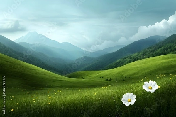 Obraz Idyllic pastoral landscape with rolling hills and wildflowers