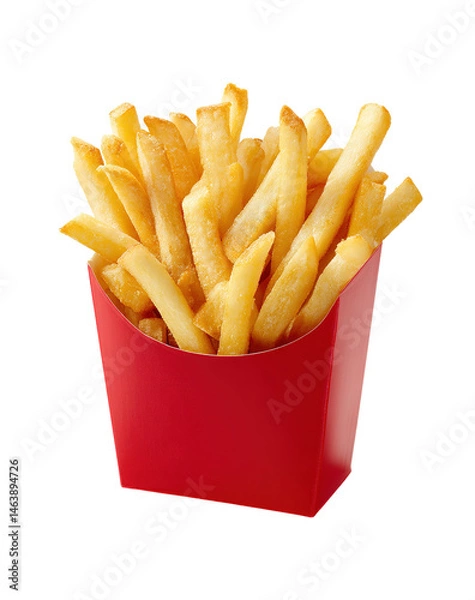 Fototapeta French fries or fried potatoes in a red paper bucket isolated on a transparent background. Cut out the PNG format for graphic design.