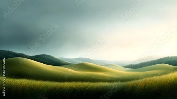 Obraz Peaceful pastel landscape of rolling hills and lush meadows