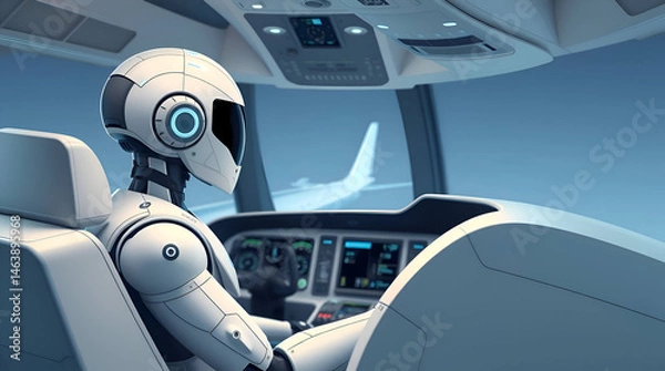 Obraz A futuristic white humanoid robot pilot in a commercial airplane cockpit, Modern Technology Concept, Generative Ai