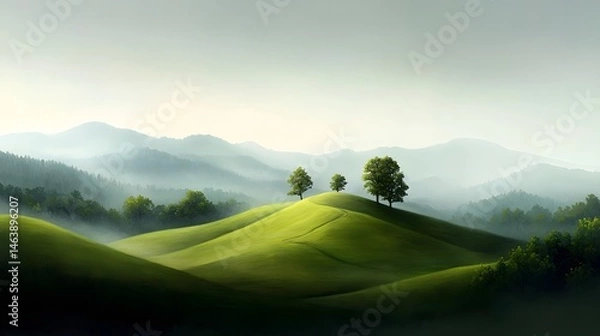 Obraz Peaceful pastel landscape with rolling hills and lush meadows