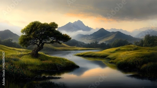 Obraz Peaceful pastoral landscape with meadows lake and mountainous backdrop