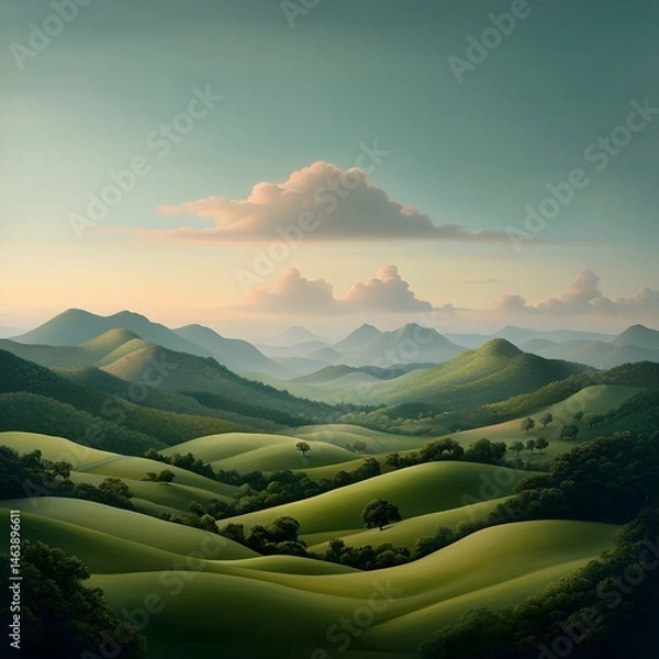Obraz Peaceful rolling countryside with lush green hills and meadows