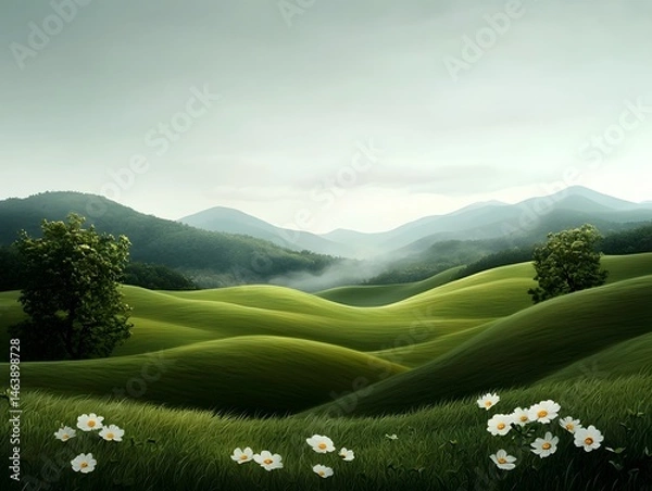Obraz Serene pastoral landscape with rolling green hills and blooming meadows