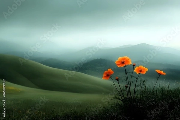 Obraz Serene pastoral landscape with rolling hills and vibrant wildflowers