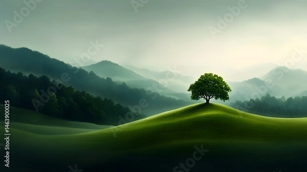 Obraz Tranquil countryside landscape with rolling hills and a solitary tree