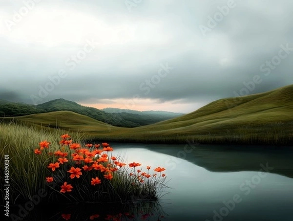 Obraz Tranquil pastoral landscape with a serene lake and wildflowers