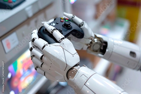 Fototapeta Close-up of a humanoid robot holding a gaming controller, immersed in a video game. A futuristic fusion of technology, entertainment, and artificial intelligence in a modern setting