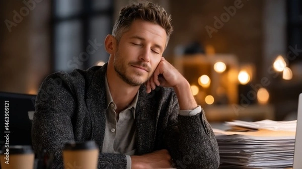 Obraz Weary worker naps amidst office clutter