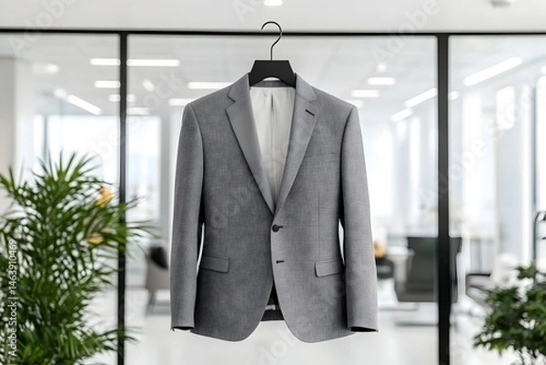 Fototapeta A gray textured suit jacket hangs on a black hanger against a modern office backdrop