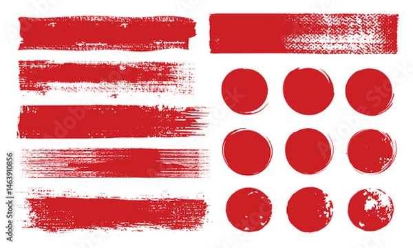 Fototapeta Straight red ink vector lines pack. Bloody color long and round hand-drawn brushstroke text highlights, frames, circles. Asian calligraphy brushstroke set collection. Rough grunge abstract scribbles