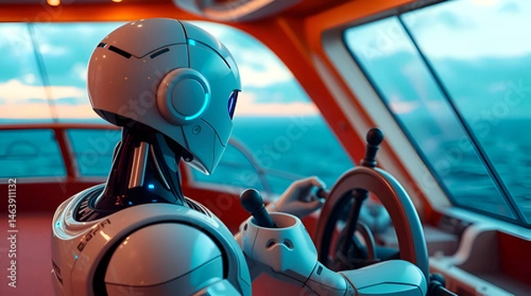 Obraz A futuristic white humanoid robot with smooth, glossy plating, confidently at a cruise ship helm, Generative Ai
