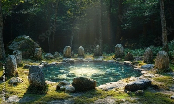 Obraz magical forest clearing with a glowing crystal pool surrounded by ancient runestones and soft moonlight filtering through, Generative AI