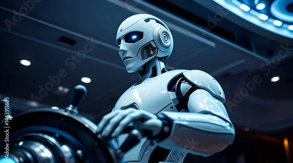 Obraz A futuristic white humanoid robot with smooth, glossy plating, confidently at a cruise ship helm, Generative Ai
