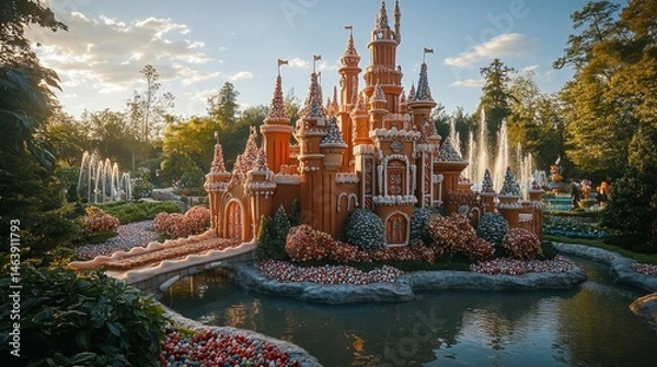 Fototapeta whimsical candy castle surrounded by sugar-coated gardens and chocolate fountains sparkling in the sunlight, Generative AI